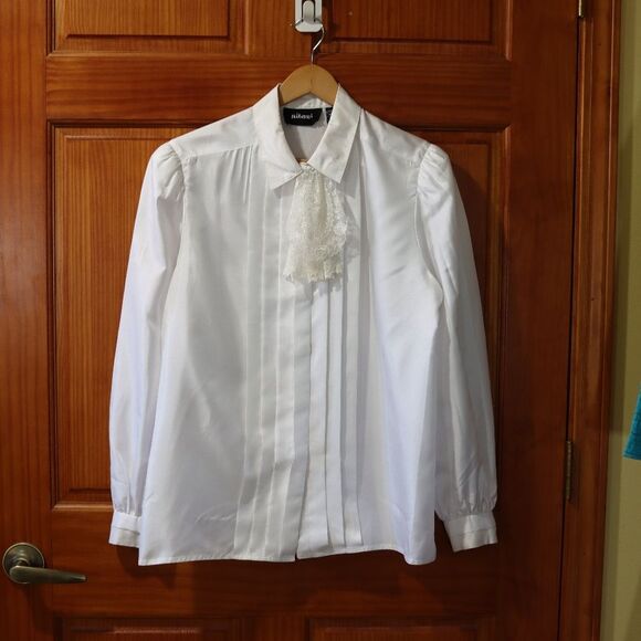 Nilani Vintage White High Neck Modest Ascot Hidden Button Pleated Blouse 11/12 - Picture 2 of 14